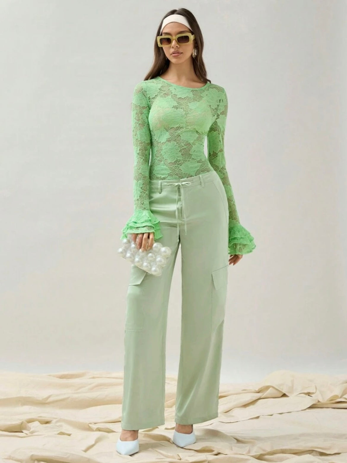 CM-BS742419 Women Casual Seoul Style Solid Color Belted Pocketed Wide Leg Trousers - Mint Green