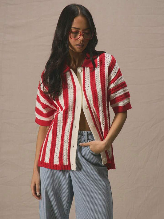 CM-CS831167 Women Casual Seoul Style Striped Drop Shoulder Button Through Short Sleeve Cardigan