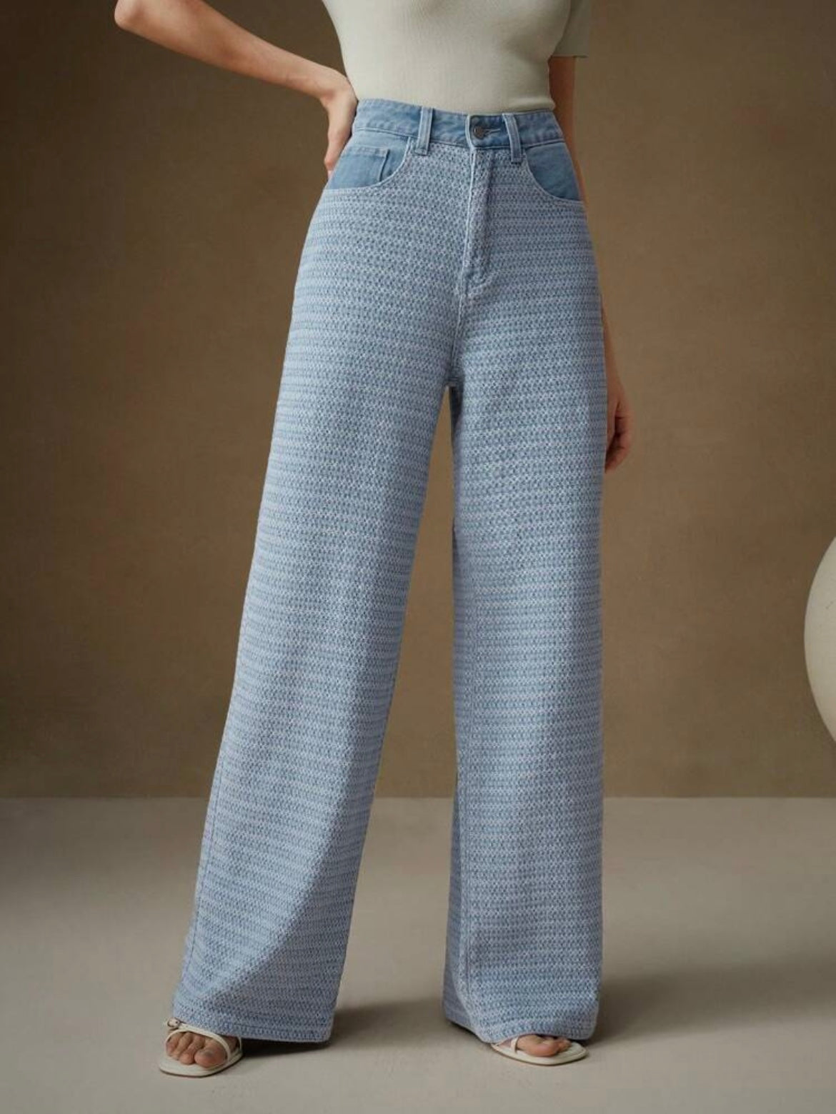 CM-BS850141 Women Casual Seoul Style Colorblock Jacquard Loose Wide-Leg Jeans - Light Blue