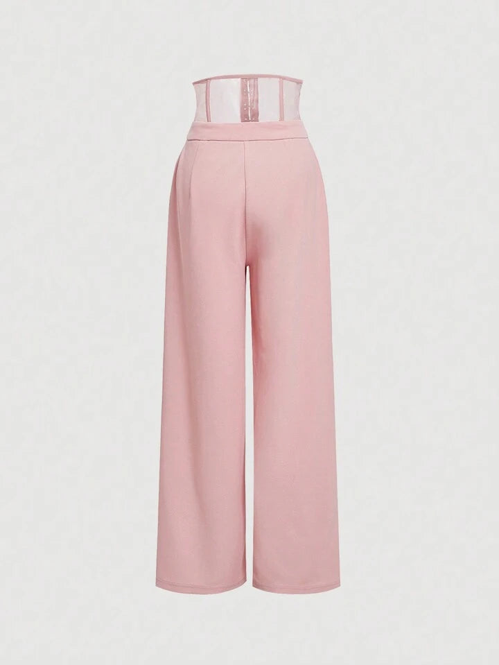 CM-BS174101 Women Elegant Seoul Style Ultra High Waist Belt Straight Leg Pants - Pink