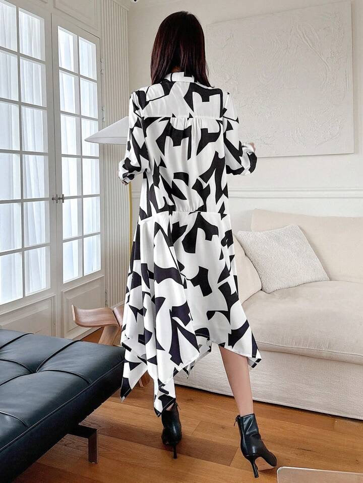 CM-DS352748 Women Casual Seoul Style All-Over Print Asymmetrical Hem Shirt Dress
