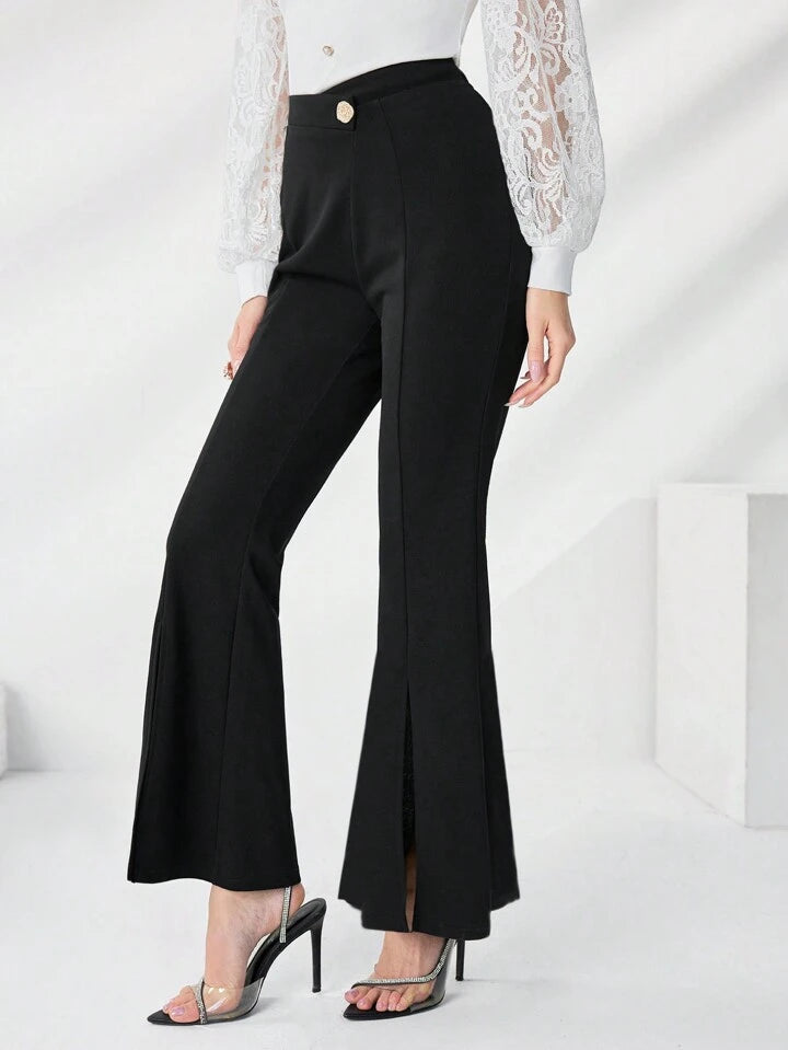 CM-BS761237 Women Casual Seoul Style High Waist Split Hem Flare Leg Pants - Black