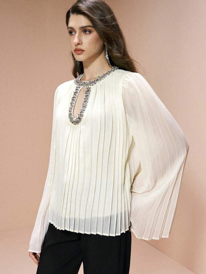 CM-TS001543 Women Elegant Seoul Style Round Neck Long Sleeve Pleated Cutout Rhinestone Embellished Chiffon Top