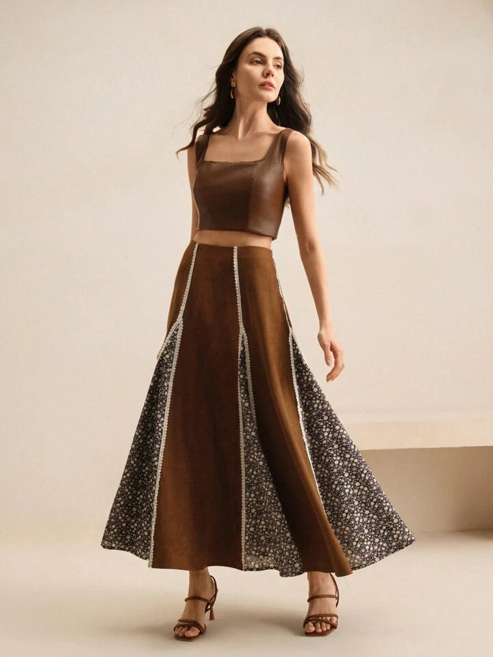 CM-BS727542 Women Elegant Seoul Style Geometric Pleated Flared Skirt - Khaki
