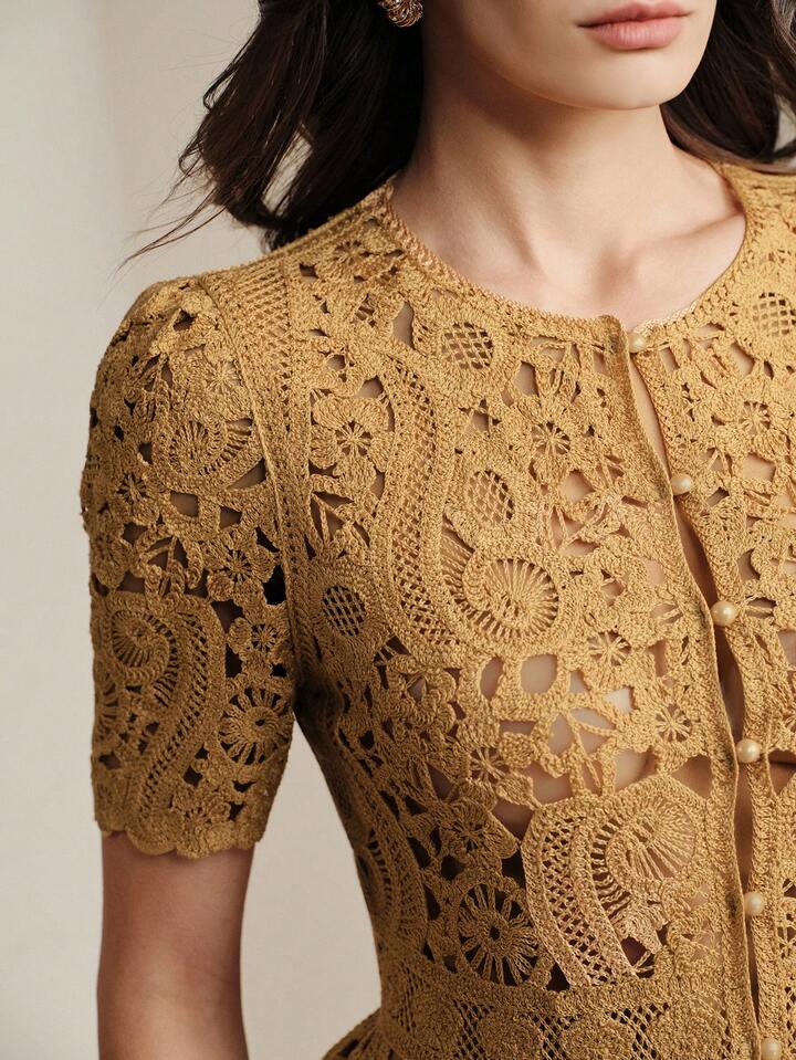 CM-TS411908 Women Casual Seoul Style Round Neck Short Sleeve Hollow Floral Patterned Waist A-Line Knit Top - Yellow