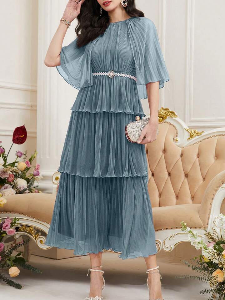 CM-DS707088 Women Elegant Seoul Style Round Neck Mesh Patchwork Ruffled Hem Long Dress - Mint Blue