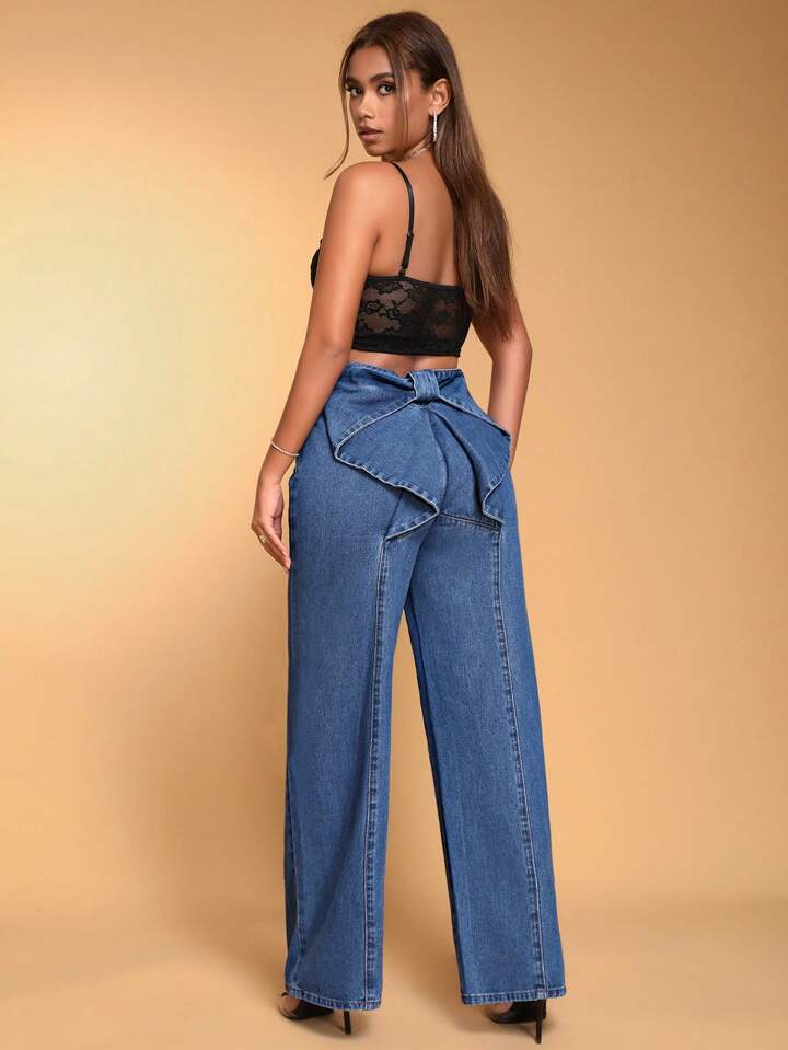 CM-BS288676 Women Casual Seoul Style Bowknot Decor Loose Fit Wide Leg Jeans - Blue
