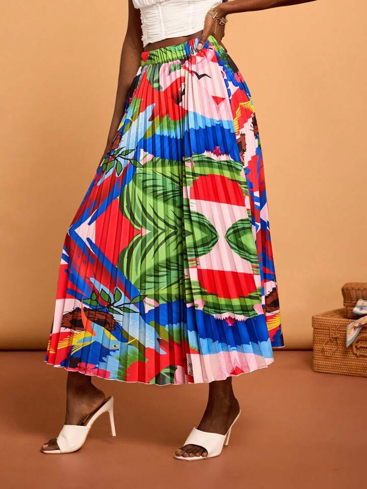 CM-BS871524 Women Trendy Bohemian Style High Waist Tropical Print Pleated Midi Skirt