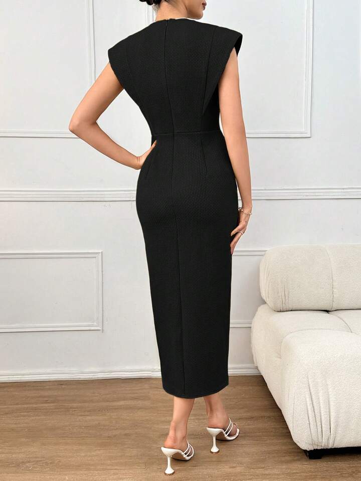 CM-DS480025 Women Elegant Seoul Style Solid Color V-Neck Cap Sleeve Slim Fit Long Dress - Black