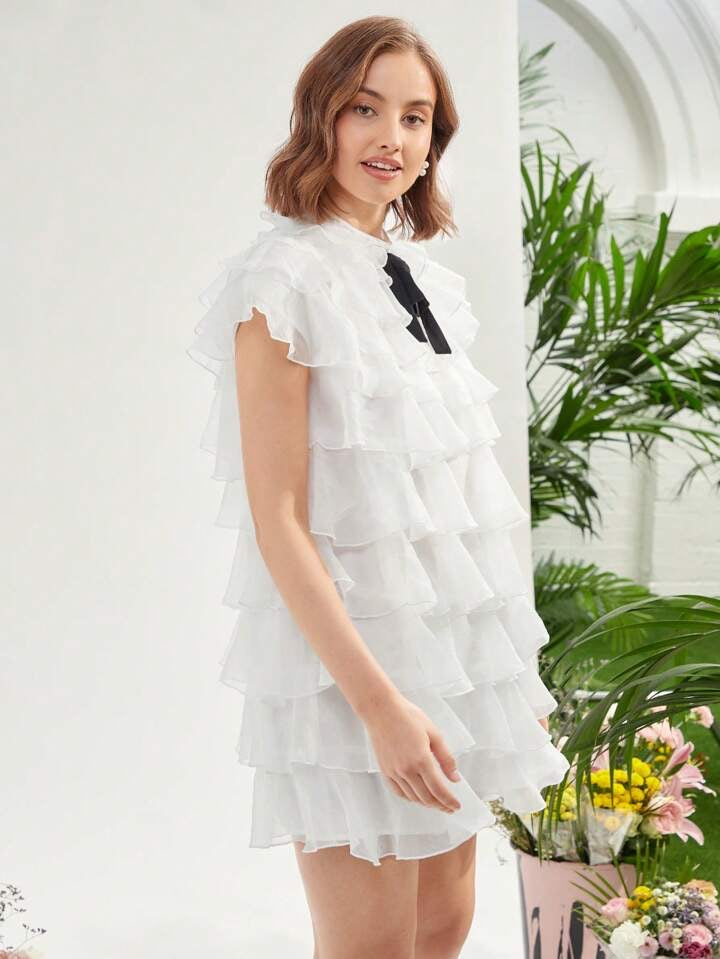 CM-DS601121 Women Elegant Seoul Style Tie Neck Short Sleeve Ruffle Trim Organza Dress