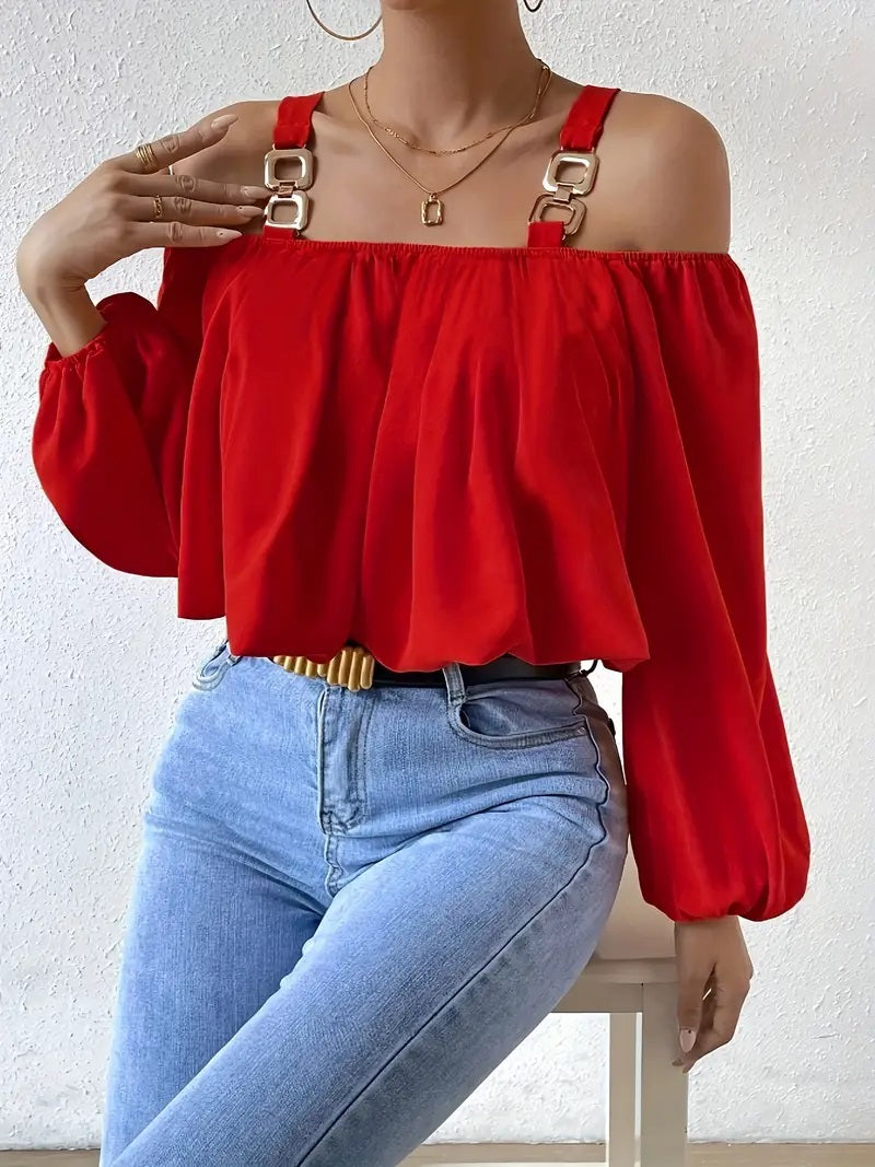 CM-TT057142 Women Casual Seoul Style Chain Strap Lantern Sleeve Cold Shoulder Blouse - Red