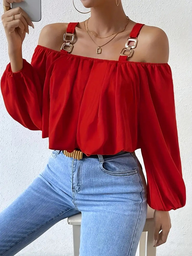 CM-TT057142 Women Casual Seoul Style Chain Strap Lantern Sleeve Cold Shoulder Blouse - Red