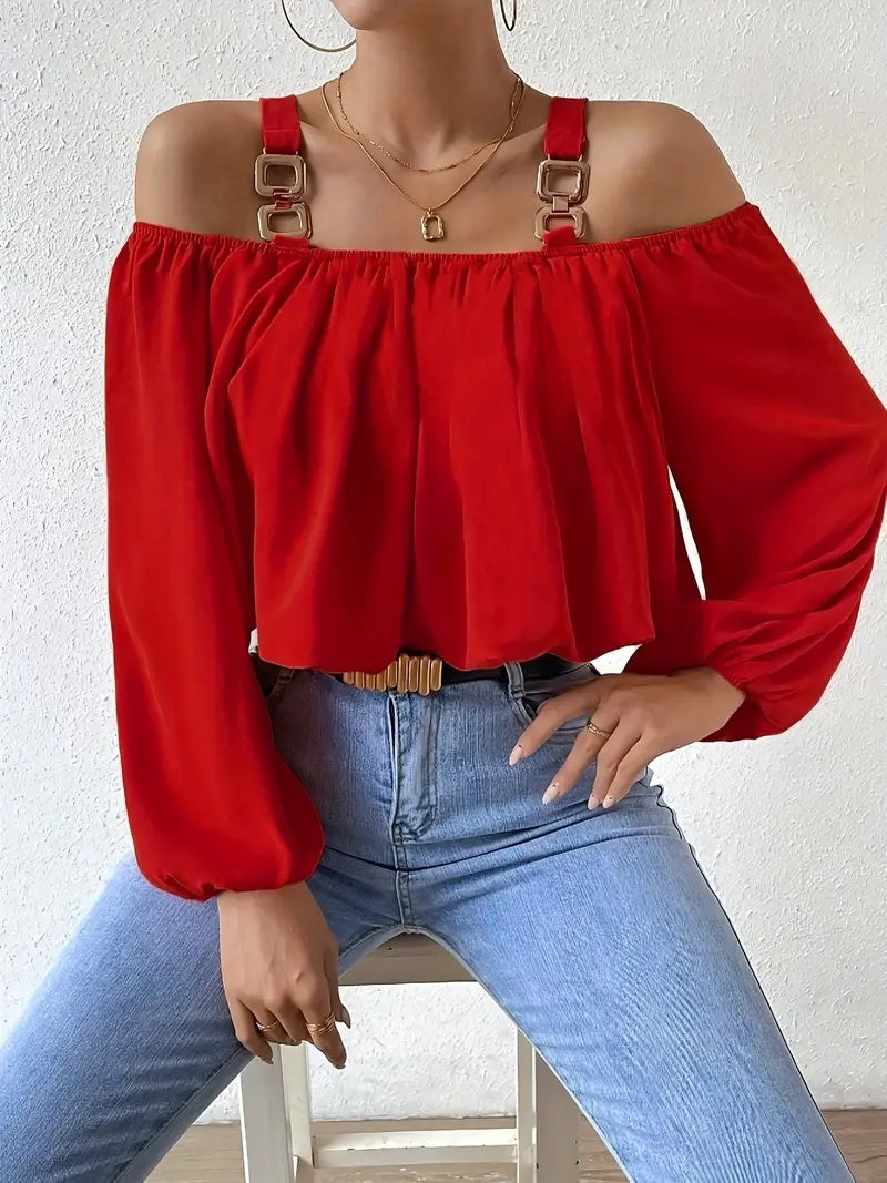 CM-TT057142 Women Casual Seoul Style Chain Strap Lantern Sleeve Cold Shoulder Blouse - Red