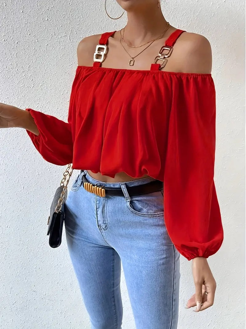 CM-TT057142 Women Casual Seoul Style Chain Strap Lantern Sleeve Cold Shoulder Blouse - Red