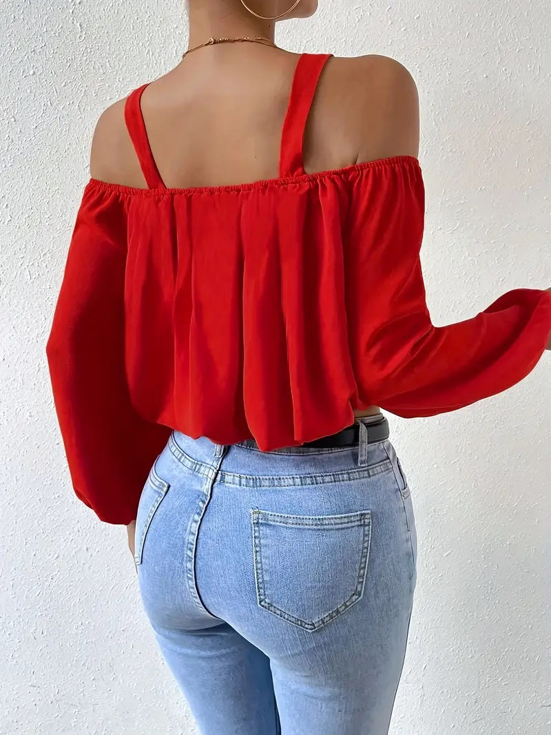 CM-TT057142 Women Casual Seoul Style Chain Strap Lantern Sleeve Cold Shoulder Blouse - Red
