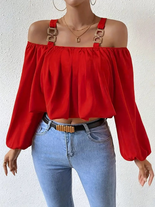 CM-TT057142 Women Casual Seoul Style Chain Strap Lantern Sleeve Cold Shoulder Blouse - Red