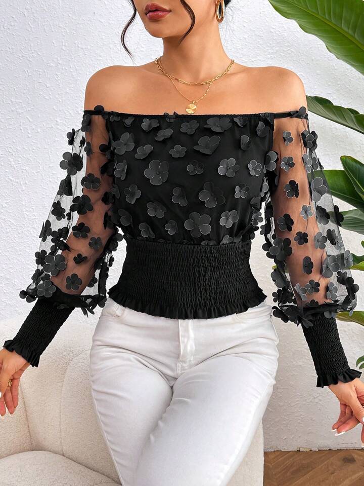 CM-TS454219 Women Casual Seoul Style 3D Floral Off-Shoulder Shirred Blouse - Black