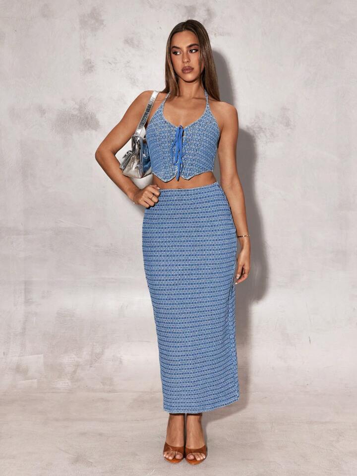 CM-BS720731 Women Casual Seoul Style High Waist Long Straight Denim A-Line Skirt - Blue