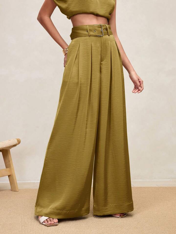 CM-BS266222 Women Casual Seoul Style High Waist Pleated Wide Leg Pants - Khaki