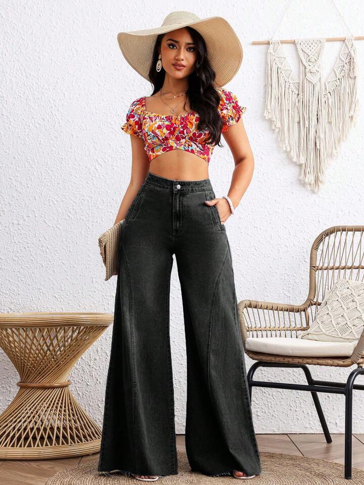 CM-BS529624 Women Casual Seoul Style Loose Button Zipper Mom Fit Wide Leg Denim Pants - Black