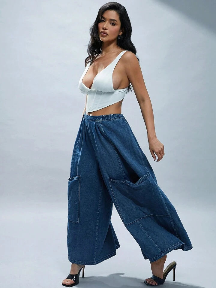 CM-BS112775 Women Casual Seoul Style Dark Wash Oversized Pockets Ultra Wide Leg Jeans