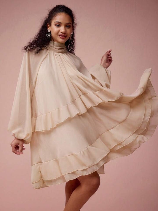 CM-DS462377 Women Elegant Seoul Style Stand Collar Lantern Sleeve Ruffled Short Dress - Apricot