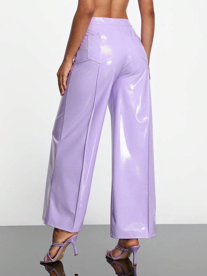 CM-BS006433 Women Casual Seoul Style High Waist PU Leather Pants With Pockets - Lilac Purple