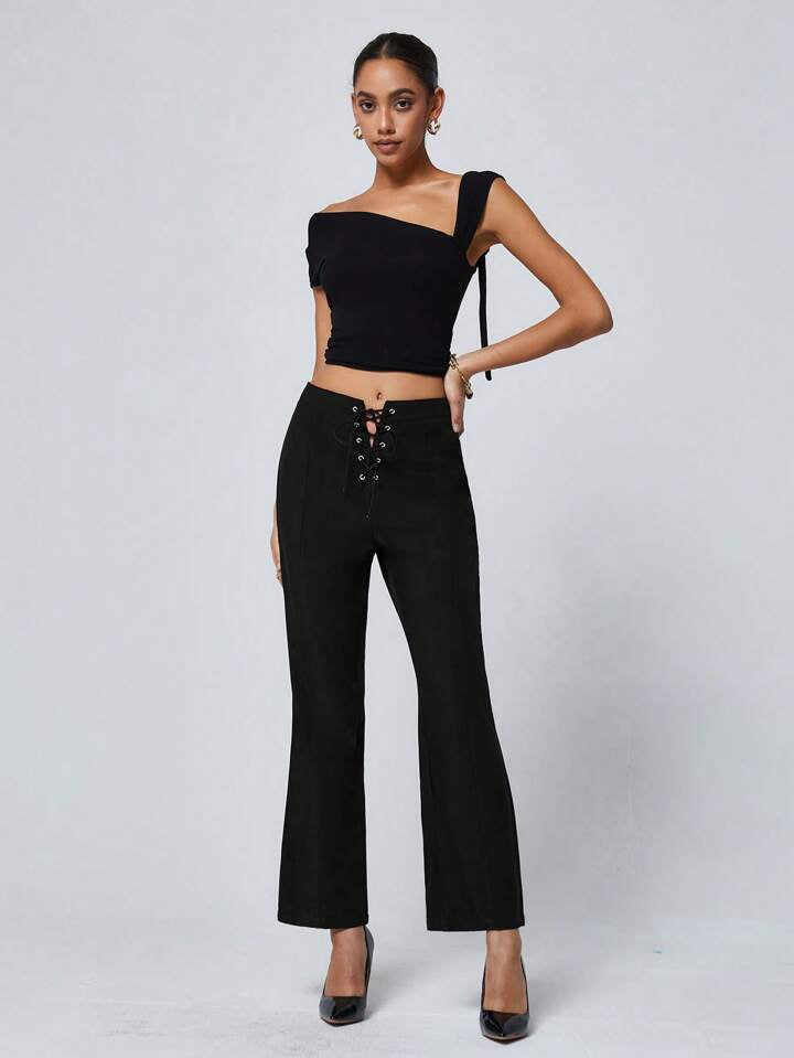 CM-BS714406 Women Casual Seoul Style Waist-Tied Straight Leg Long Pants - Black