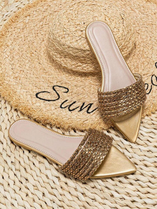 CM-SHS219931 Women Trendy Seoul Style Pointed Toe Rhinestone Decor Slip-on Flat Sandals - Gold