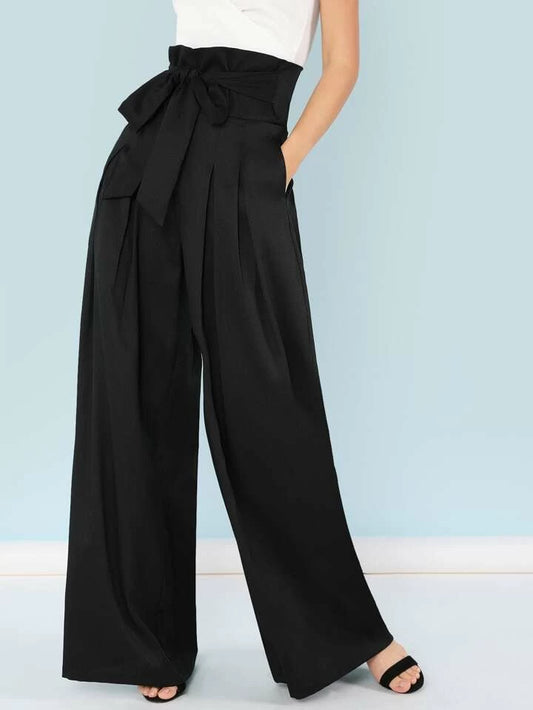 CM-BS518711 Women Elegant Seoul Style Self Belted Box Pleated Palazzo Pants - Black