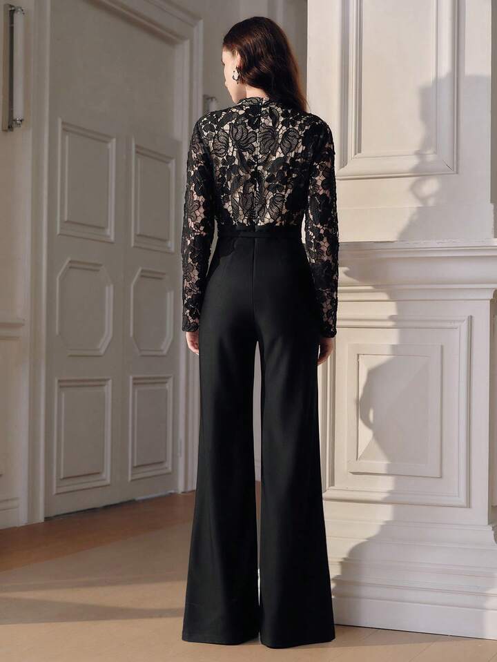 CM-JS645033 Women Elegant Seoul Style Stand Collar Long Sleeve Embroidery Hollow-Out Patchwork Jumpsuit - Black
