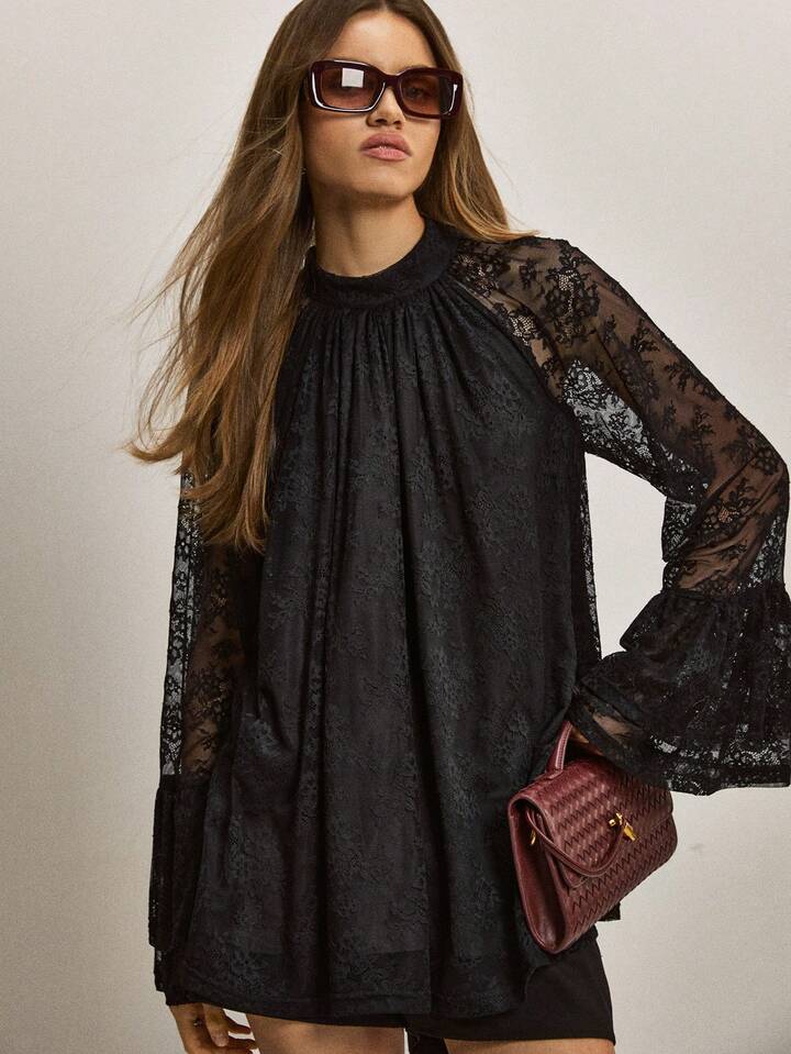 CM-TS633590 Women Elegant Seoul Style Stand Collar Lace Raglan Flare Sleeve Loose Blouse - Black