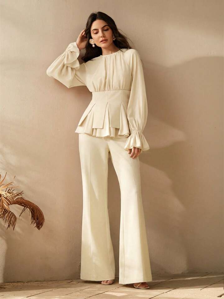 CM-SS834729 Women Elegant Seoul Style Round Neck Long Sleeve Chiffon Patchwork Blouse With Flared Leg Pants - Set