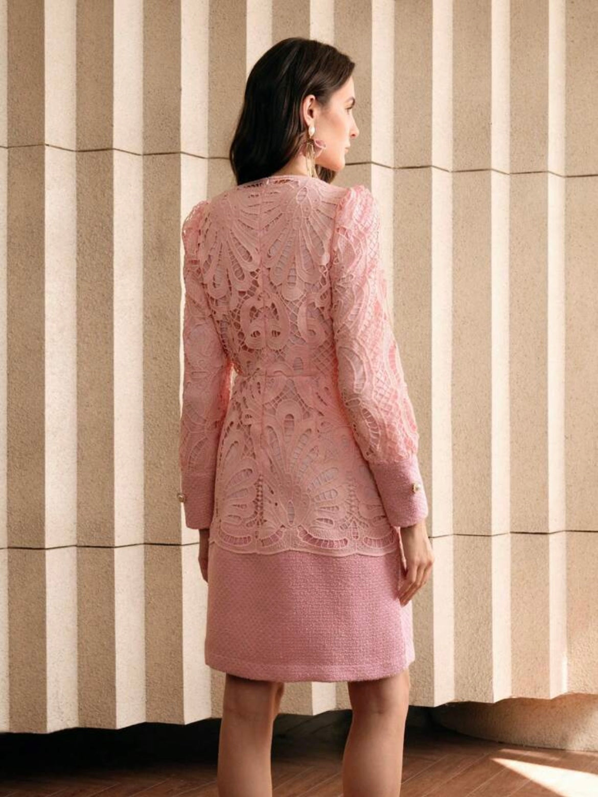 CM-DS111105 Women Elegant Seoul Style Stand Collar Long Sleeve Lace Patchwork Cheongsam Dress - Pink