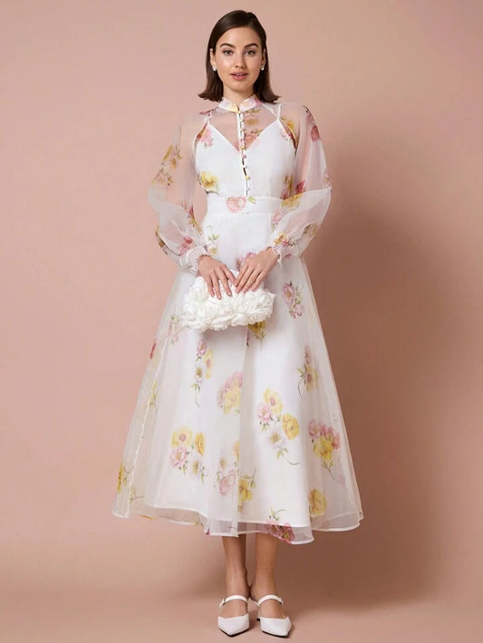 CM-DS711597 Women Elegant Seoul Style Collar Neckline Long Sleeve Floral Print Mesh Overlay Dress