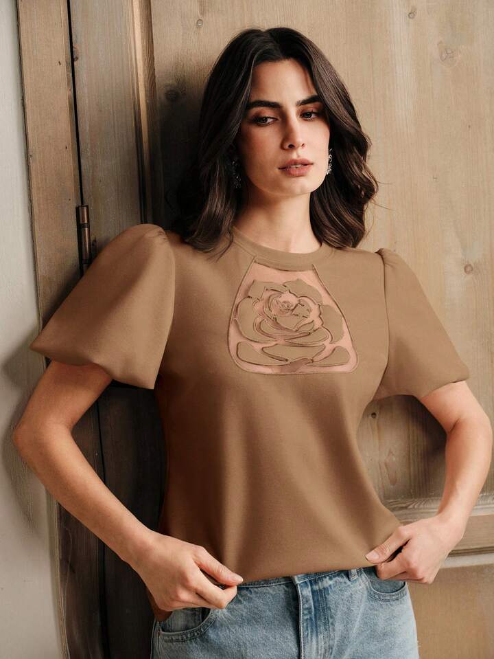 CM-TS128483 Women Elegant Seoul Style Embroidered Rose Round Neck Short Puff Sleeve T-Shirt - Coffee Brown