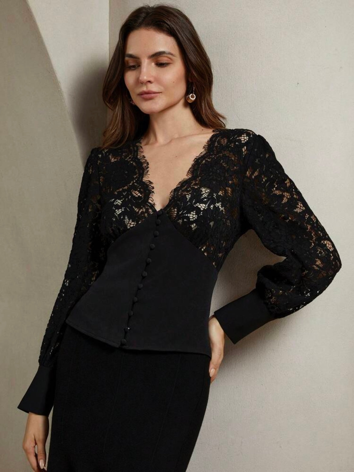 CM-TS422243 Women Elegant Seoul Style V-Neck Lace Patchwork Cinching Waist Top - Black