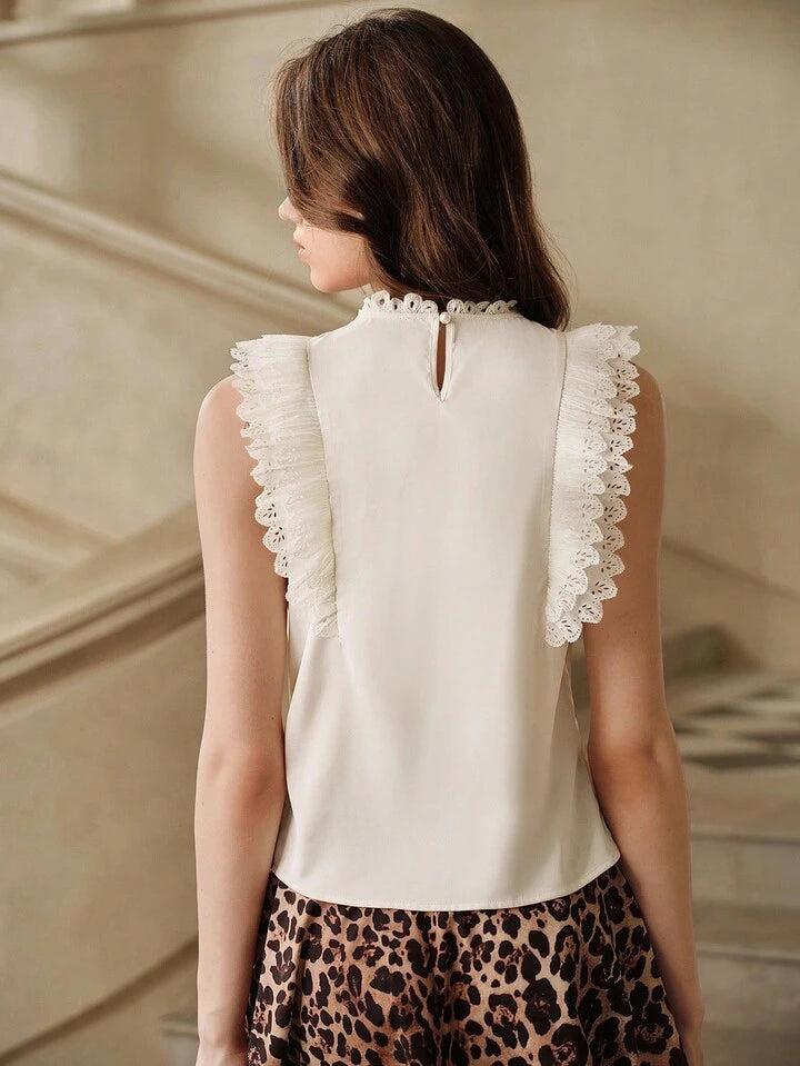 CM-TS126233 Women Elegant Seoul Style Beaded Contrast Lace Stand Collar Sleeveless Blouse - Apricot