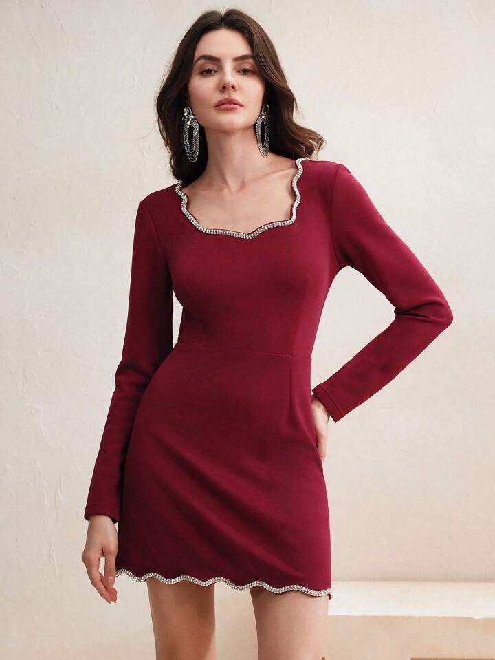 CM-DS463087 Women Elegant Seoul Style Diamond Trim Decor Square Neck Fitted Short Cocktail Dress