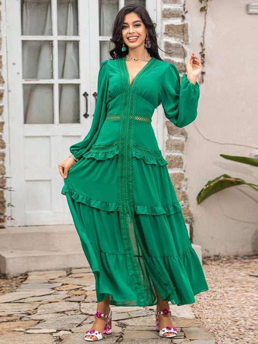 CM-DS217609 Women Elegant Seoul Style V-Neck Lantern Sleeve Hollow Out Ruffle Maxi Dress - Green