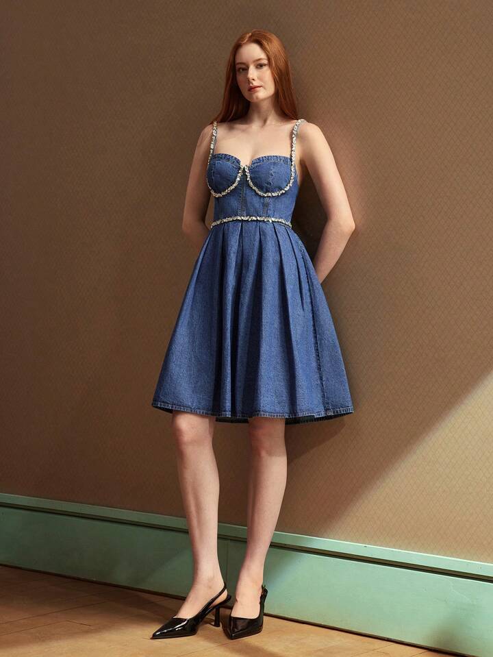 CM-DS808228 Women Elegant Seoul Style Rhinestone Chain Design Sleeveless Denim Mini Dress - Blue