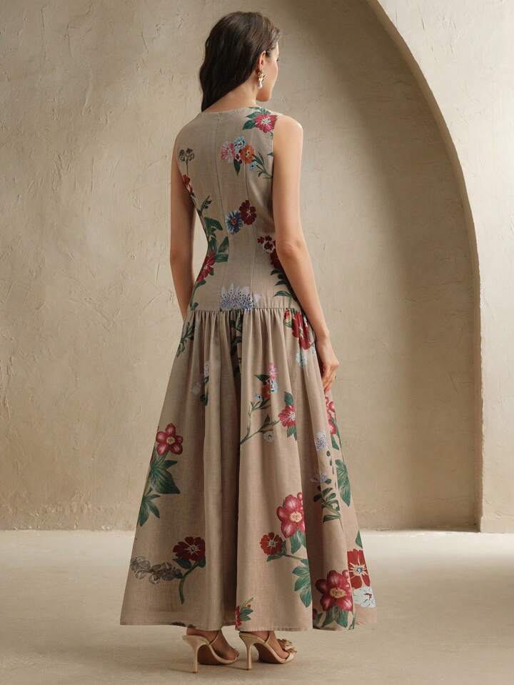 CM-DS855624 Women Elegant Seoul Style Floral Print Stand Collar Sleeveless Low Waist Swing Long Dress