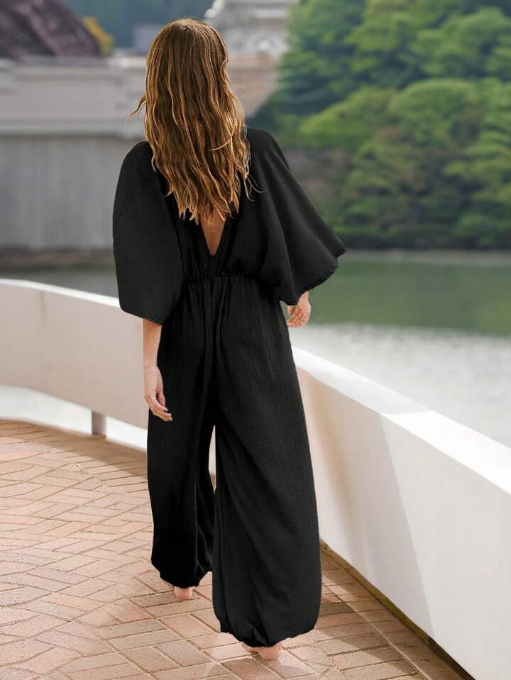 CM-JS991072 Women Trendy Bohemian Style V-Neck Tie Back Batwing Sleeve Long Jumpsuit - Black