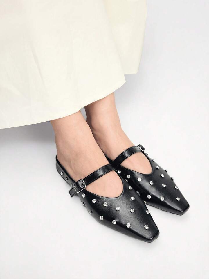 CM-SHS245724 Women Trendy Seoul Style Rhinestone Decor Buckle Flats - Black