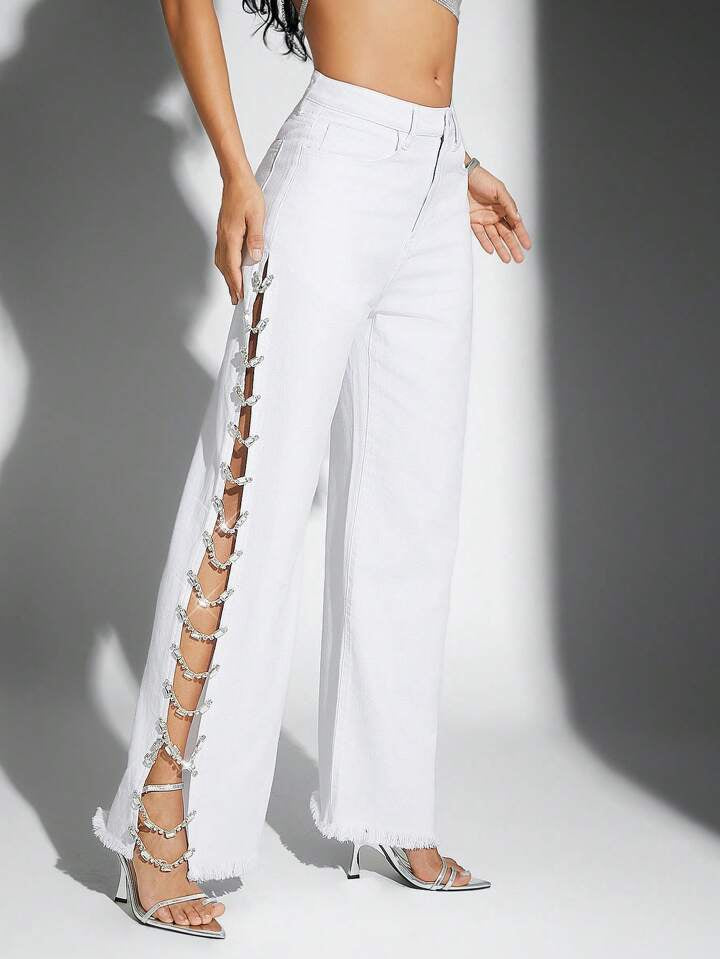 CM-BS219091 Women Casual Seoul Style Rhinestone Embellished Pockets Hollow Out Loose Fit Jeans