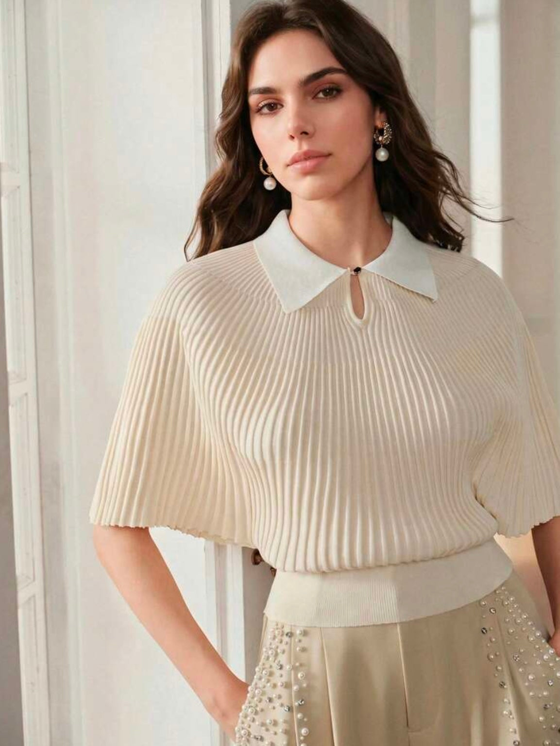 CM-TS412715 Women Elegant Seoul Style Collar Neckline Knit Short Sleeve Pleated Top - Light Yellow