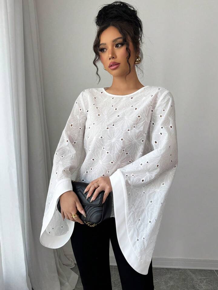 CM-TS905519 Women Casual Seoul Style Round Neck Exaggerated Flare Sleeve Embroidered Hollow Out Shirt