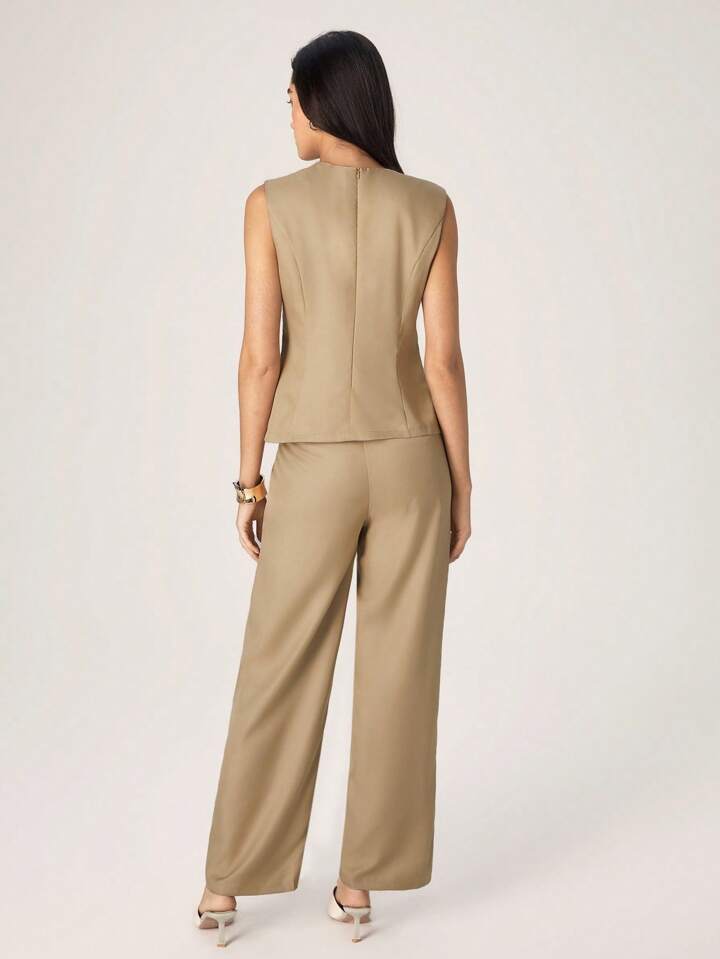 CM-SS846945 Women Elegant Seoul Style Solid Color Single-Breasted Square Collar Vest With Pants - Rust Brown