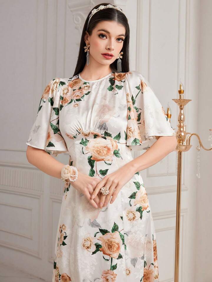 CM-DS969986 Women Elegant Seoul Style Floral Printed Butterfly Sleeve A-Line Dress