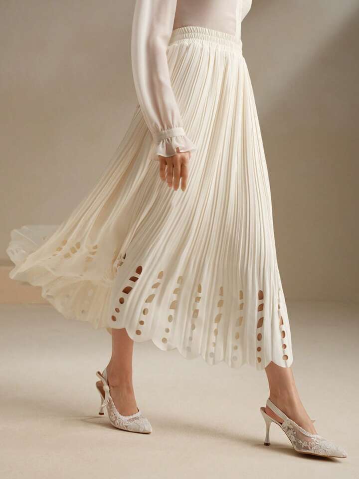 CM-BS200717 Women Elegant Seoul Style Hollow Elastic Waist Pleated Midi Skirt - White